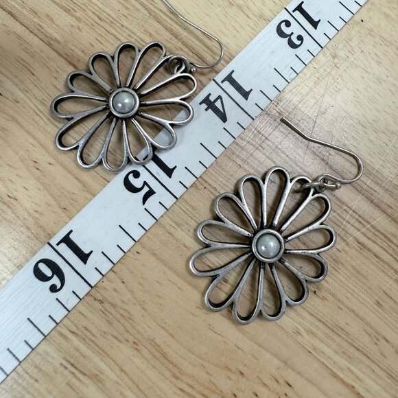 Lia Sophia Silver Daisy Dangle Earrings With Faux Pearl Center & Cutout Openwork - Picture 6 of 6
